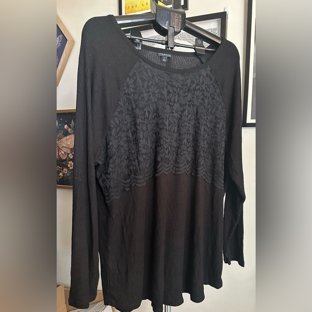 TORRID Black Long Sleeve Waffle Knit with Lace Front Panel